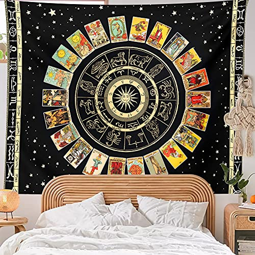 TarotTapisserie Sternzeichen Wandteppiche – Sonne und Mond Sternbild Tapisserie Astrologie Tapisserie Wandbehang Schwarze Sterne Indie Raumdekoration Teen Girl Wohnheim College Tapisserie Ästhetisch