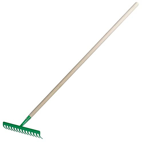 Garten Gerät Harke Rasen Boden Erde Rechen 8 bis 14 Zinken Stahl grün Gartenrechen mit und ohne Holz Stiel (Harke 14 Zinken grün mit Stiel)