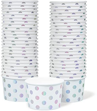 MATICAN Paper Ice Cream Cups - 50 Pack, 9-Oz Disposable Dessert Bowls for Hot & Cold Treats with Silver Polka Dots