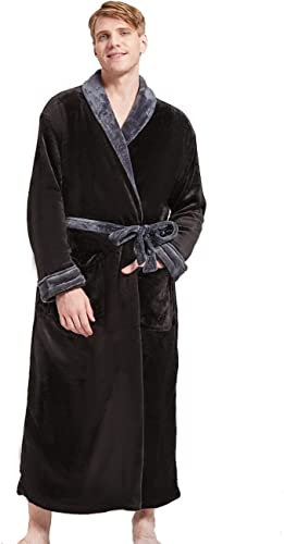 FashGudim Herren Bademäntel groß und groß in voller Länge Plüsch Fleece lange Robe Schal Kragen warm Winter Männer Bademantel(Schwarz/Grau,4XL)