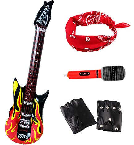 MIVAIUN 4 Stück 90er Jahre Rocker Kit Punk Gothic Rocker Kit 70er 80er 90er Jahre Schwermetall Disco Kostüm, Aufblasbare Rockstargitarre mit Flammen, Handschuhe, Bandanas, Karneval