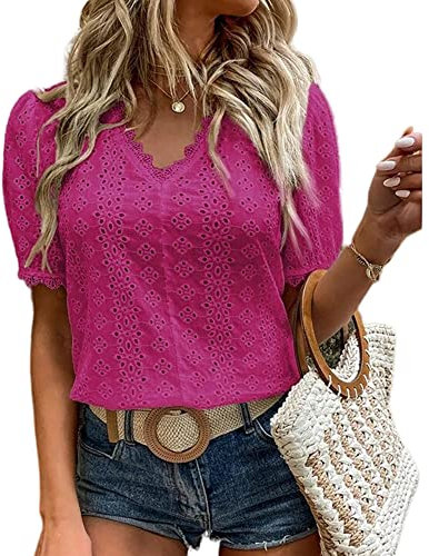 KCatsy Women Cotton Lace Embellished Broderie Anglaise Openwork Floral Flower Short Sleeve Summer Elegant Top V-Neck Pointelle-Trim Shirt T-Shirt Tee Blouse A Fuchsia L 14