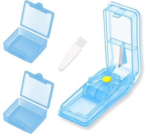 IZyufan Pill Cutter with 2 Small Pill Box, Portable Pill Splitter with Blade and Storage Compartment, Pills Cut in Half Quarter for Tablet Vitamin Medicine and Pills Tablets (Blue)