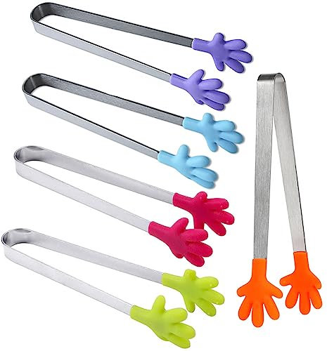 TopHomer 5PCS 130mm Small Silicone Mini Tongs, Stainless Steel, Rose Red, Purple, Blue, Green, Orange