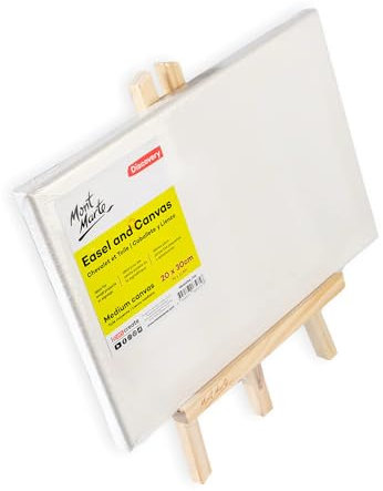 Mont Marte Tischstaffelei mit Leinwand 20x30cm – Kompakte Staffelei aus Kiefernholz – Holzstaffelei mit Keilrahmen zum Malen