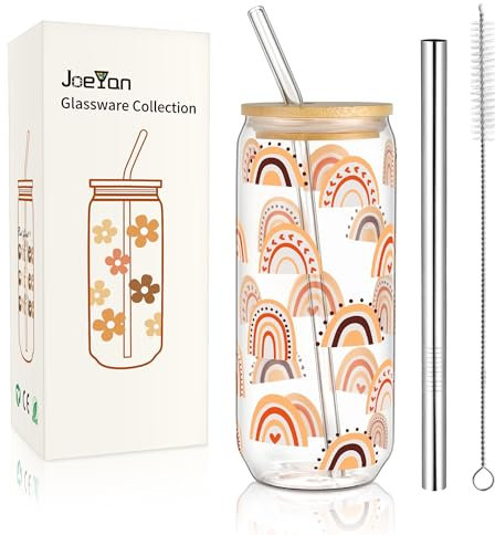 Joeyan 600ml Glass Drinking Cup with Lids and Straws,Bubble Tea Cup with Straw,Rainbow Pattern Can Shaped Glasses for Ice Coffee Smoothie,Cute Cup Gift for Sister Friend Birthday Anniversary Valentine