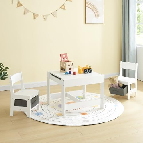 Set of 3, Kids Table and Chairs Set, Wooden Children Table and 2 Chairs Set for Preschoolers Boys and Girls Activity (White)