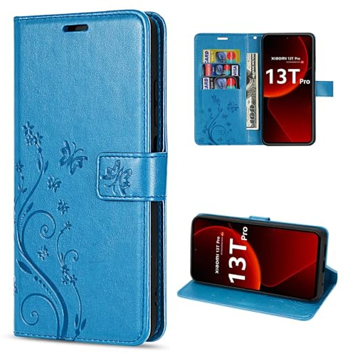 betterfon Hülle Kompatibel mit Xiaomi 13T / 13T Pro | Premium PU Leder Handyhülle Wallet Case für 13T / 13T Pro | Schutzhülle Blumen Klapphülle Handyhülle | Blau