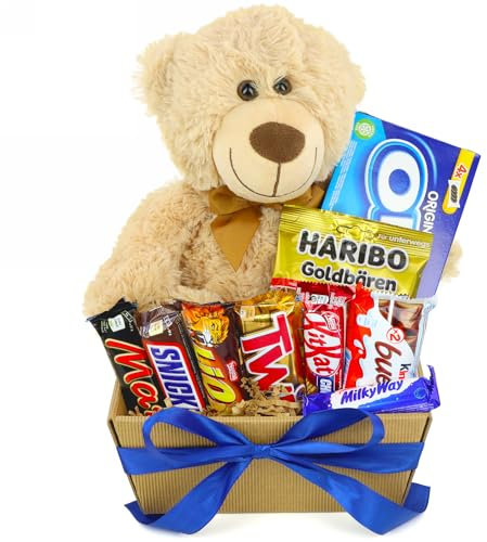 Geschenkkorb mit Teddybär - Geschenk für Kind mit gummibärchen und oreo kekse - kinderschokolade - Süßigkeiten box - Kinder Bueno - Toffifee