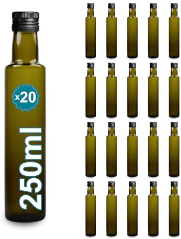Espirito Rebelde 20 botellas de cristal oscuro de 250 ml con tapón de rosca negro | Protección UV | Ideal para aceite de oliva, vinagre y varios líquidos