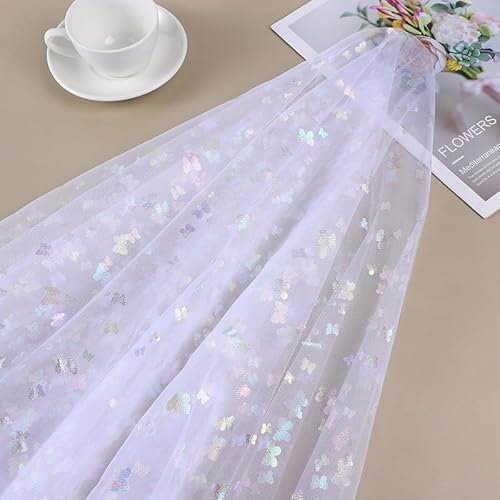 SYSUII 1m * 150cm Glitzer Tüll Dekostoff mit Schmetterling Dekostoff Kostümstoff zum Nähen Netzstoff Netztüll zum Dekorieren Basteln für DIY-Hochzeitskleider Tischdecken Deko -Weiße