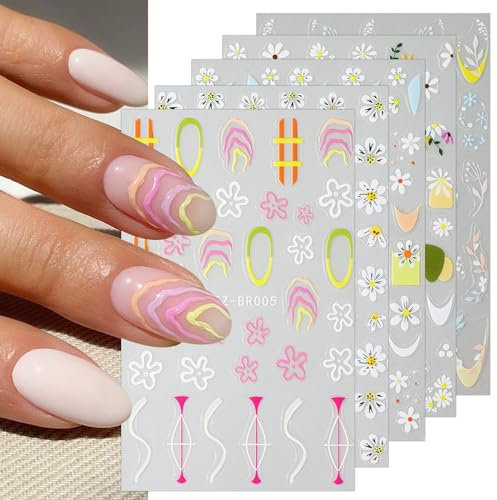 JMEOWIO 6 Sheets Daisy Flower Nail Art Stickers Decals Self-Adhesive Spring Summer Floral Nail Supplies Nail Art Design Decoration Accessories