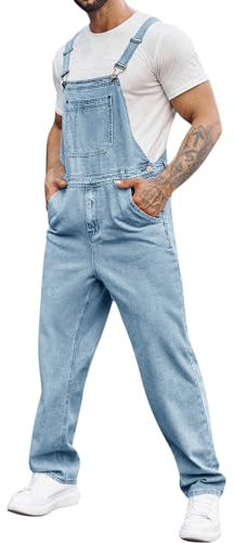 Runcati Salopette da uomo in denim, pantaloni da lavoro, pantaloni estivi streetwear, jeans casual, spalline regolabili, Blu, L
