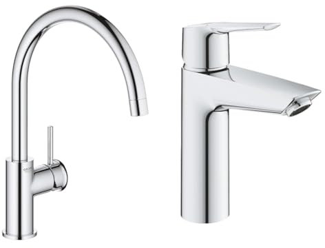 GROHE Robinet de cuisine évier Start, bec haut, rotation bec 360°, robinet installat & QUICKFIX Start Robinet de salle de bains lavabo, installation facile, mousseur économie d'eau, sans tirette