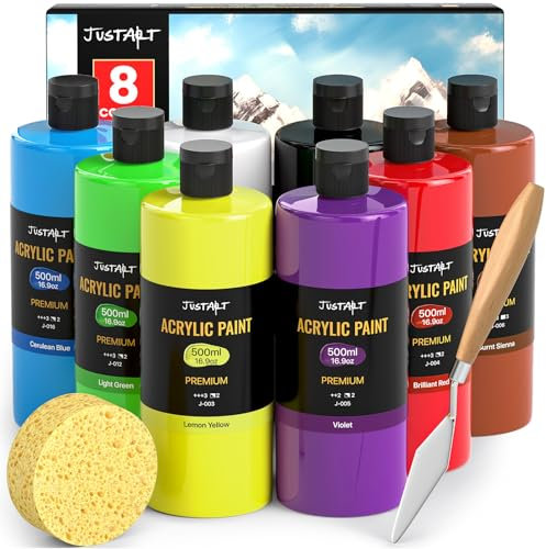 JusArt Acrylfarben set,mit 8 acryl Farben (je 500ml),ungiftig Acrylic Paint,Wasserfest und Lichtecht,für Künstler,Holz, Stoff,leinwand,Leder und Stein