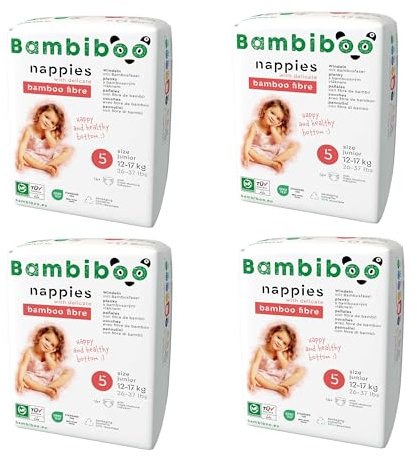 Bambiboo Set 4 x 16 Hautfreundliche Babywindeln mit weicher Bambusfaser für Kinder - Baby Windeln - Windeln Wegwerfwindeln - Schutz für Haut - Sehr Saugfähig - Größe 5 (junior), 64 Stück
