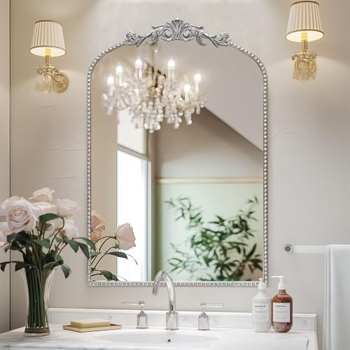 CASOLLY Wandspiegel, antiker silberner Bogen, 61 x 91,4 cm, traditioneller Vintage-Kaminspiegel mit kunstvollem Metallrahmen, Barock-viktorianischer Spiegel für