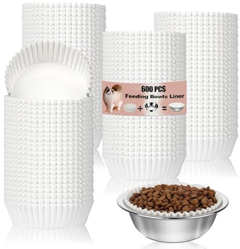 600 PCS Pets Disposable Feeding Bowls Liner with Stainless Steel Bowl, Small White Paper Bowls Bulk for Cat Food, Cat Feeding Bowls Liners for Small Dogs Cats Wet Food Feeding Station