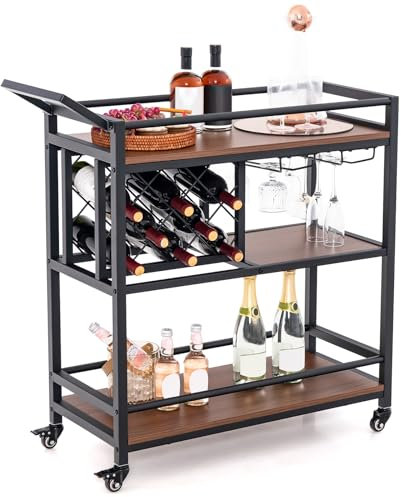 GIANTEX Carrello da portata con ruote, carrello da cucina a 3 livelli, con portabottiglie e porta bicchieri, carrello bloccabile con manico, design industriale, 91 x 36 x 92 cm