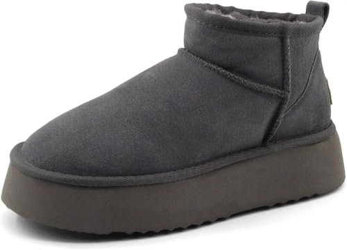 UAAQV Stivali da neve classici da donna in pelle scamosciata di mucca stivali da neve in pelliccia sintetica foderato caldo mini all'aperto stivali con piattaforma, Grigio, 38 EU