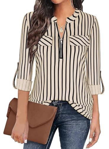 Gemulate Women's Tops Khaki Striped Shirt for Women Zip Up Plaid Tunic Blouse 3 Quarter Sleeve Shirt for Women Floral Printed Shirts Womens Going Out Tops - Black Khaki Stripe, XL