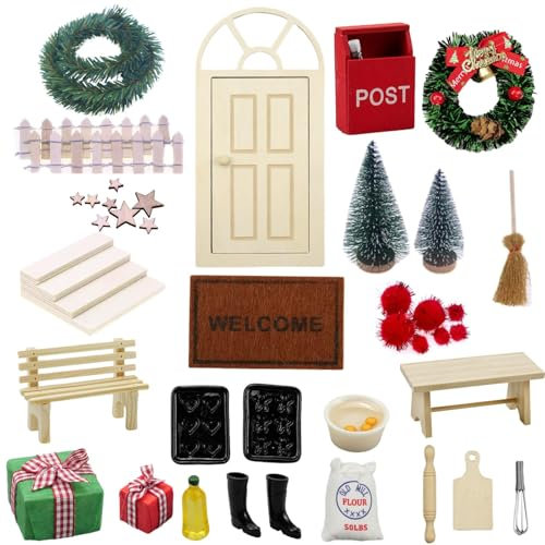 Zfseyuh Weihnachtswichtel Zubehör Set 68 Stück Weihnachtsdeko Elfentür Weihnachten Miniatur Wichtel Set Miniatur Puppenhaus Wichtel Zubehör für Feentür Weihnachtsdeko(B)