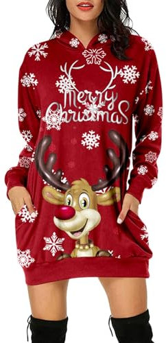 Weihnachtskleid Damen Weihnachten Hoodie Kleid Damen Weihnachtspullover Weihnachtskleider Hoodie Rentier Weinglas Druck Kapuzenpullover Kleid Langes Weihnachts Pullover Weinachtspullie Damen