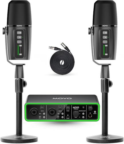 Movo Podcast Equipment Bundle - Phantom USB Audio Interface, 2 UM6 XLR/USB-C Dynamic Microphones, and 2 Tabletop Stands - Dual Microphone Setup for Professional Podcasting and Streaming