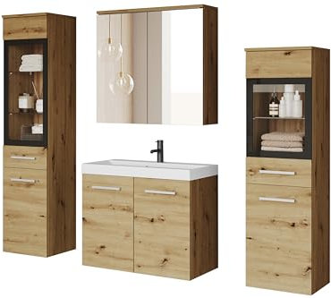 MINIO go for it - Badmöbel Set Marit 2, 4-Teilig Set, ohne LED-Belechtung, Wandspiegelschrank, Schrank mit Waschbecken, Farbe: Artisan Eiche