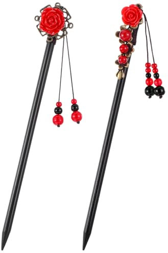 2 palillos chinos para el pelo con flores para mujer, horquillas de madera retro, palillos clásicos japoneses, palillos de madera hechos a mano para cabello largo (rojo marrón, 7.09 pulgadas)