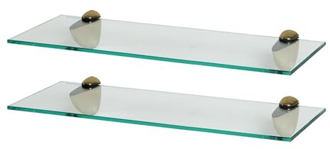 Harbour Housewares Floating Glass Bathroom Shelves - 50cm - Clear/Gold - 2x Wall-Mounted Kitchen Bedroom Shower Room Décor Caddy Towel Storage Organiser Shelving Rack with Brackets