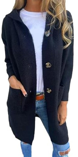 Cardigan Con Bottoni E Cappuccio Da Donna, Cardigan Casual A Maniche Lunghe In Maglia A Coste Da Donna, Cardigan Spolverino Con Cappuccio, Cappotto Ampio Abbottonato A Maniche Lunghe (XL,Nero)