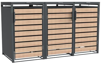 Westmann Lacina 3 Mülltonnenbox für 3x240 l, Stahl in Holzoptik, Anthrazit | Praktische Fronttüren erlauben müheloses Hinein- und Herausrollen der Tonnen, Gasdruckfedern sichern den Deckel beim Öffnen.