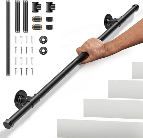 Handrails for Stairs, Ovshnrr 1-Section 1M Metal Wall-Mounted Barrier-Free Banister Rail, 110LBS Non-Slip & Comfortable Indoor Outdoor Banister Handrail Suitable for Kids, Disabled and Elderly