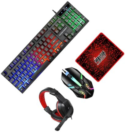 Yardenfun Kit Clavier Souris Gamer Rétroéclairé avec Casque Filaire Et Tapis Souris Antidérapant Compatible Pc Et Ordinateur Portable Compact Et Facile à Installer
