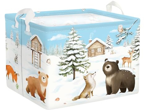 HUUMONSS Winterliche Waldtiere Geschenkbox für Jungen Mädchen Schnee Kleidung Spielzeug Aufbewahrungskorb für Kinderzimmer Bad,Bär Fuchs,36L