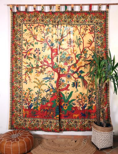 Boho Vorhänge, Gardine mit Schlaufen, handbedruckter Lebensbaum, gelb/bunt | Blickdicht, 100 % Baumwolle, traditionelles Ethno-Motiv, inklusive Drapierbändchen, vielseitig einsetzbar.
