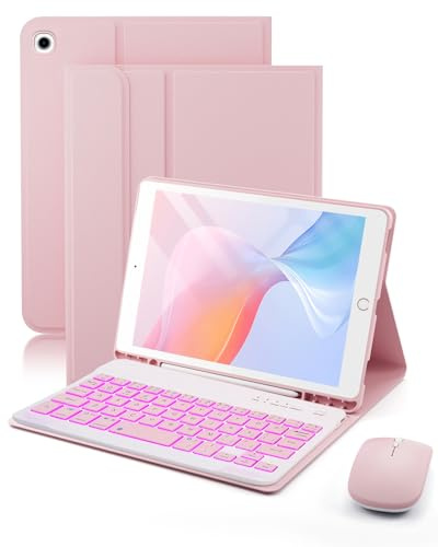 SAMTUNK Étui avec clavier pour iPad mini 5 (2019) et Mini 4 (2015) avec clavier pour iPad mini 5e 4e génération 7,9 – Étui clavier rétroéclairé arc-en-ciel – Porte-crayon intégré avec souris – Rose