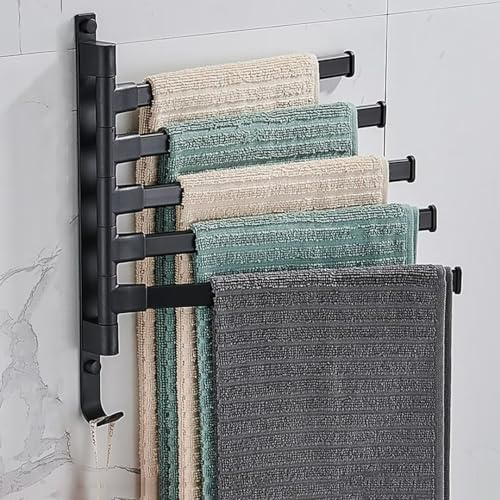 Porte-Serviettes Mural sans perçage - Pivotant à 180° - 5 Bras - Porte-Serviettes Mural Autocollant - pour Cuisine, Salle de Bain et Garde-Robe - Noir