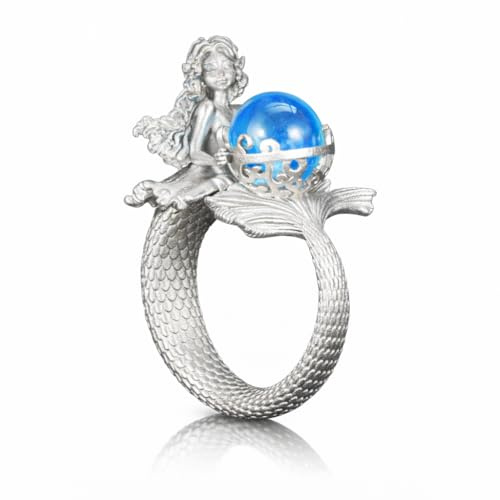 925 Sterling Silber Meerjungfrau Ring mit Aquamarin Kugel, handgefertigter Fantasy Schmuck im Vintage Stil, Damenring mit detailreicher Figur