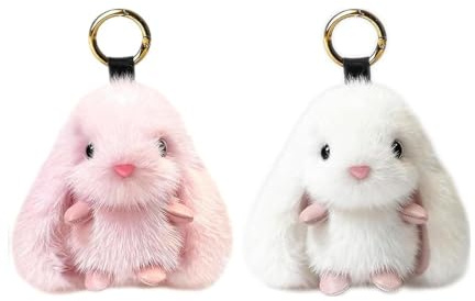 JazRvr 2 Stück Hase Schlüsselanhänger Plüsch, Süße Kuscheltier Anhänger in Rosa und Weiß, Weiches Plüschmaterial, Ideal für Rucksack und Schlüsselbund, Geschenk für Tierliebhaber