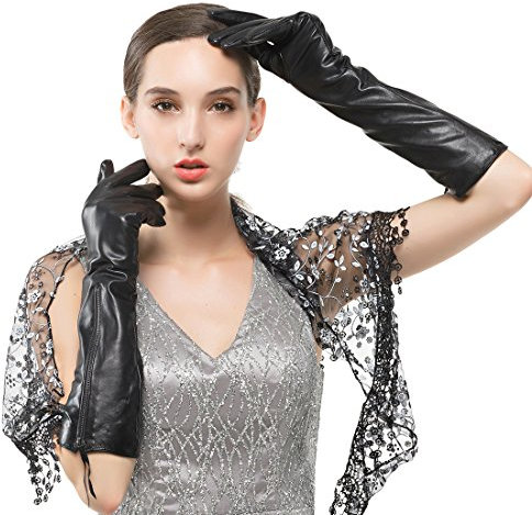Nappaglo Damen Lange Nappaleder Handschuhe Touchscreen Texting Abendkleid Party Winter Warm Fausthandschuhe (L (Umfang der Handfl?che:19.0-20.3cm), Schwarz(Touchscreen))