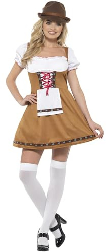 Smiffys Bavarian Beer Maid Costume, Brown with Short Dress & Attached Apron, Oktoberfest Fancy Dress, Adult Dress Up Costumes