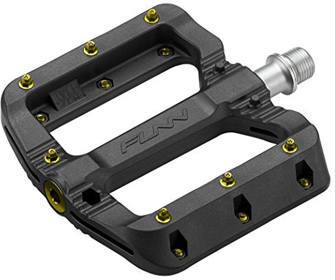Funn Black Magic Kunststoff-Flachpedal-Set für Mountainbike - Leichte breite Plattform-Fahrradpedale für Stabilität, 9/16-Zoll CrMo-Achse Fahrradpedale für MTB/BMX/Urban/Gravel-Fahren (Goldene Pins)
