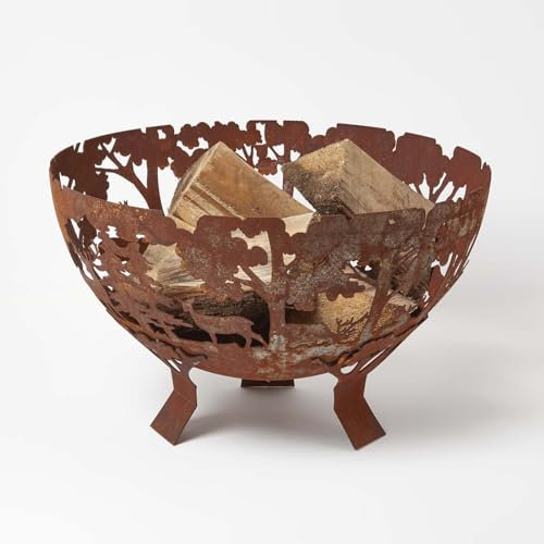 HOMESCAPES Brown Steel Fire Pit Circular Laser Cut Woodland Style Half Globe for Garden