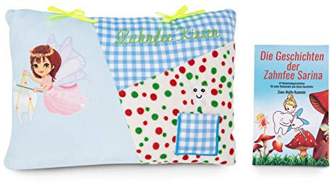 ZWEN Zahnfee Kissen + GRATIS E-Book mit 20 Zahnfee Geschichten für alle 20 Milchzähne I Zahnfee Geschenke für Mädchen & Jungen