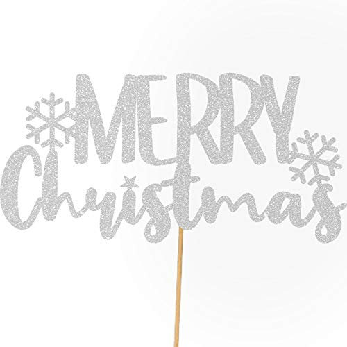 Cakeshop Christmas Glitter Cake Topper, Merry Christmas Cake Topper Decoration, Xmas Cake Topper - Double Sided 400gsm Glitter Card, Choice 14 of Colours and Loads of Styles (Light Silver)