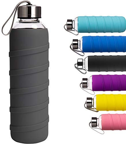 Ferexer Botella de Agua de Cristal Borosilicato con Funda de Silicona Sin BPA 1000 ml Gris