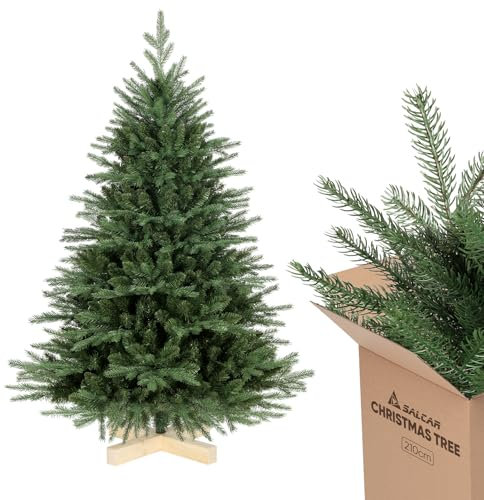 SALCAR Weihnachtsbaum künstlich 210 cm mit Holzständer, PE naturgetreue Spritzguss Elemente & PVC Nordmanntanne, 2,1 m Tannenbaum künstlich (Ø 130 cm)