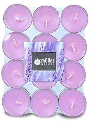 Müller Tealights Lot de 24 bougies parfumées – Parfum lavande – 39 × 15 mm – Durée de combustion 4 heures – Bougies en cire verte, récipient en aluminium anti-goutte